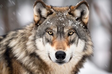 Naklejka na ściany i meble Close up portrait of a timber wolf or grey wolf Canis lupus with direct eye contact in winter snow in Canada. Generative AI
