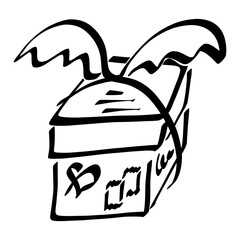 rectangular box with wings on a ribbon, with postage stamps and a heart, black pattern on a white background