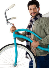 Portrait of smiling young man carrying  bicycle