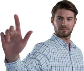 Man pretending to touch an invisible screen