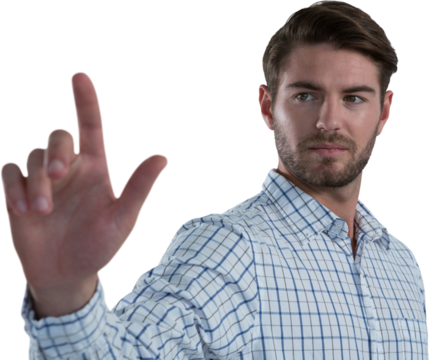 Man pretending to touch an invisible screen