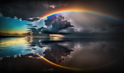  a rainbow is reflected in the still water of a lake.  generative ai