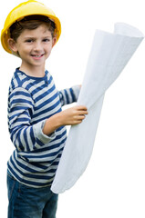 Boy in hard hat holding a plan