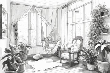 Boho farmhouse living room, white project sketch, potted plants, and lace hanging chair. Shuttered parquet window. Boho interior design,. Generative AI