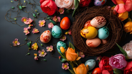 Fototapeta na wymiar Colorful Easter eggs and decorations for the holiday, spring flowers, candies tulips. Easter concept background with copy space. Top view flat laying