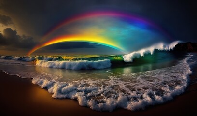  a rainbow over the ocean with waves crashing in front of it.  generative ai
