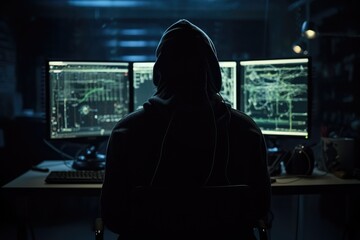 Hacker in front of sophisticated computer equipment and monitors acting in clandestinity. Generative AI	
