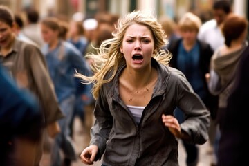 Young woman running away in panic. Generative AI