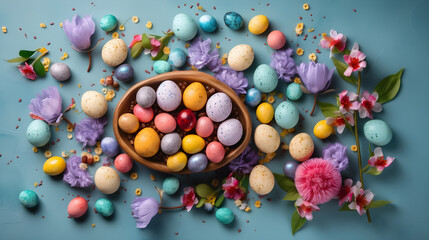 Fototapeta na wymiar Colorful Easter eggs and decorations for the holiday, spring flowers, candies tulips. Easter concept background with copy space. Top view flat laying