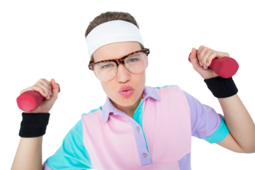 Geeky hipster girl lifting dumbbells