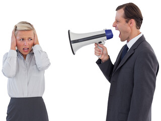 Businessman shouting at colleague with his bullhorn
