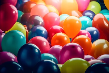 A colourful bunch of birthday balloons taking up the whole image. Generative AI.