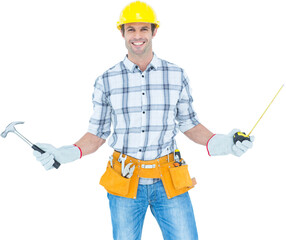 Technician holding hammer and measure tape