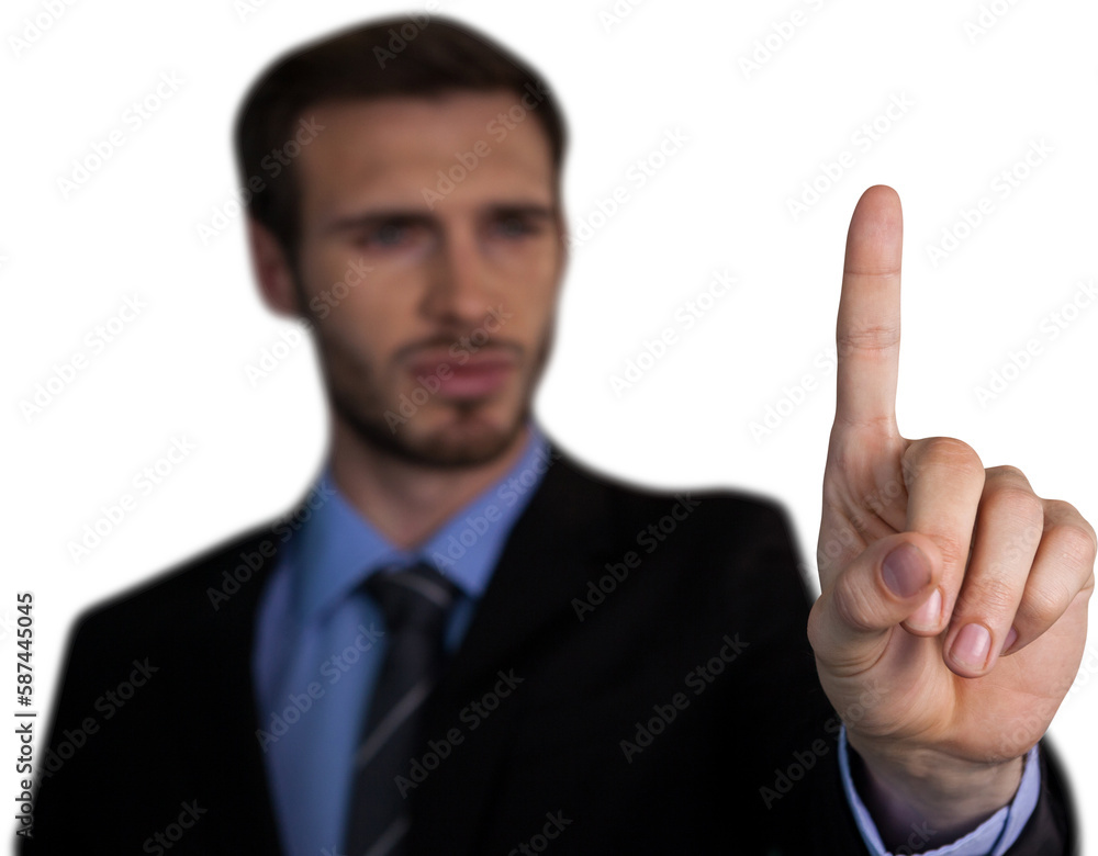 Poster close up of businessman touching index finger on invisible interface