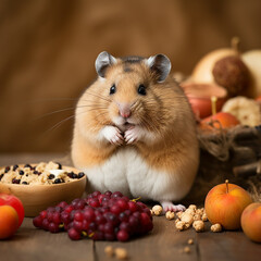 Cute fat hamster next to a mountain of vegetables and other useful products, healthy lifestyle concept, funny illustration for bio products advertising, ai generative