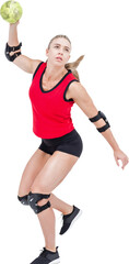 Female athlete with elbow pad throwing handball