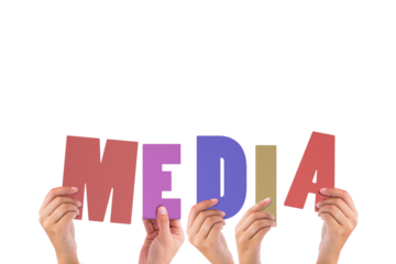 Colorful alphabet spelling media held up by people 