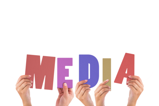 Colorful alphabet spelling media held up by people 