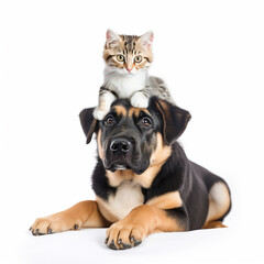 Obraz premium Big dog and cute cat together, kitten lies on head of dog on white background close-up, wonderful illustration for advertising pet products