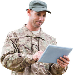 Army man using digital tablet