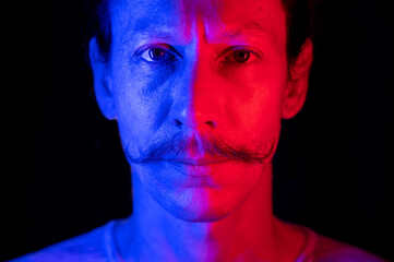 Close-up art portrait of a brutal man with a mustache by Salvador Dali 