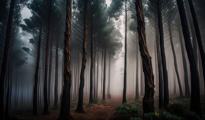  a forest filled with lots of tall trees covered in fog.  generative ai