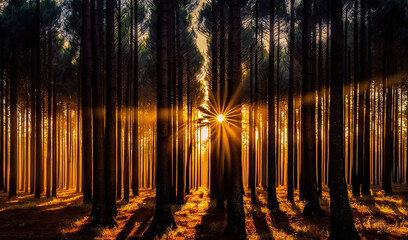  the sun is shining through the trees in the forest with the sun shining through the trees.  generative ai