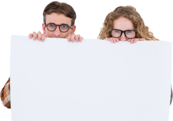 Geeky hipster couple holding poster