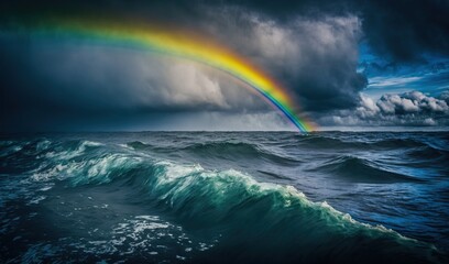  a rainbow in the sky over a large body of water.  generative ai