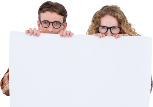 Geeky hipster couple holding poster - Powered by Adobe