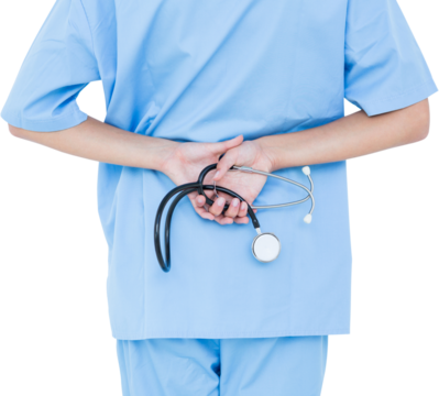 Rear view of female surgeon holding stethoscope