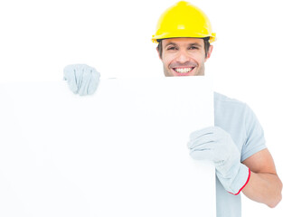 Happy architect with bill board over white background