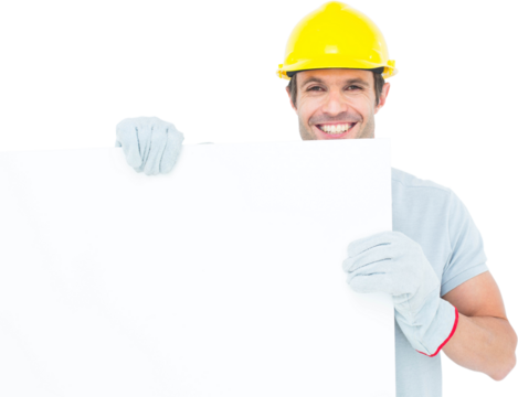 Happy architect with bill board over white background