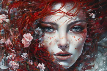 Red head, a young beautiful woman adorned by flowers..Generative AI.