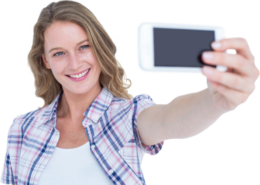 Pretty hipster taking selfie with smartphone