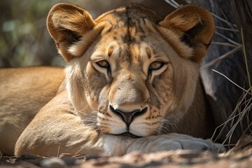 Obraz na płótnie Canvas juvenile female lion taking a nap. Generative AI