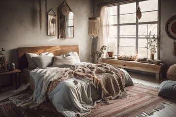 bedroom with bohemian bed decor. Generative AI