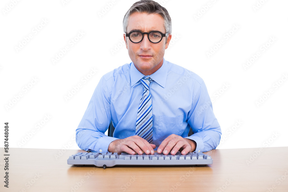 Poster businessman using computer keyboard at desk
