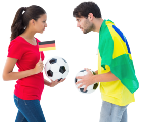 German and brazilian football fan facing off