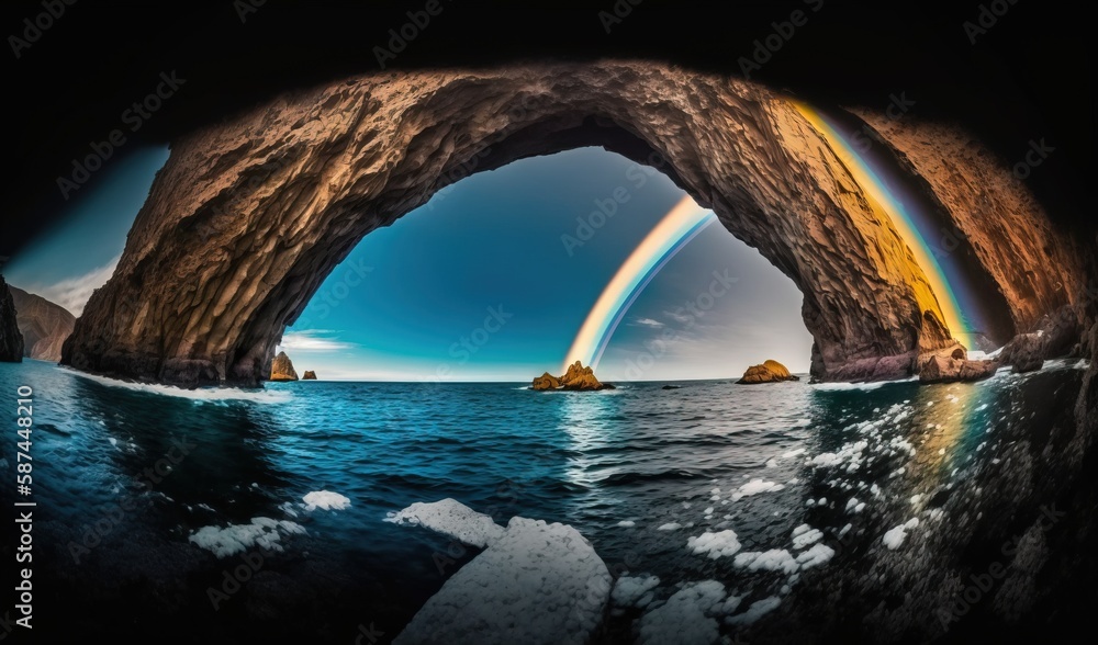 Poster a view of a rainbow from a boat in the ocean. generative ai
