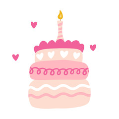 Birthday cake with a candle, vector party baby kids simple flat dessert doodle illustration