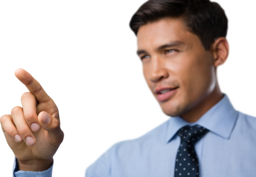 Confident young businessman using invisible interface
