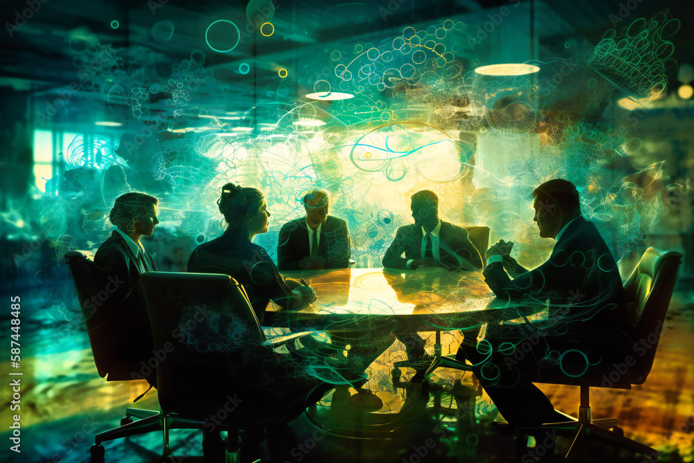 Poster a group of business professionals brainstorming and discussing innovative solutions, using technolog