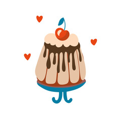 Birthday sweet cupcake with cherry and chocolate cream, vector party baby kids simple flat dessert doodle illustration