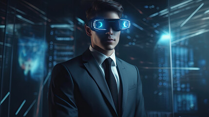 Businessman wearing virtual reality goggles. Generative AI