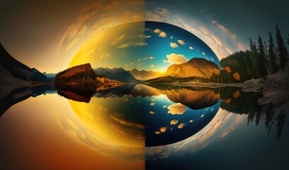  a painting of a lake with mountains in the background and the sun reflecting in the water.  generative ai