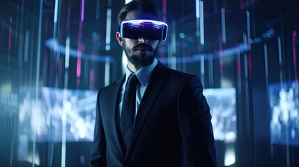 Fototapeta premium Businessman wearing virtual reality goggles. Generative AI