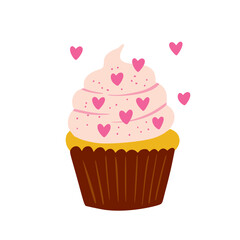 Birthday sweet cupcake with cream and hearts, vector party baby love kids simple flat dessert doodle illustration