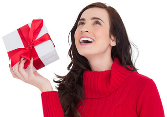 Happy brunette in red jumper hat showing a gift