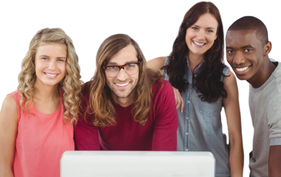 Portrait of smiling business team standing at computer desk